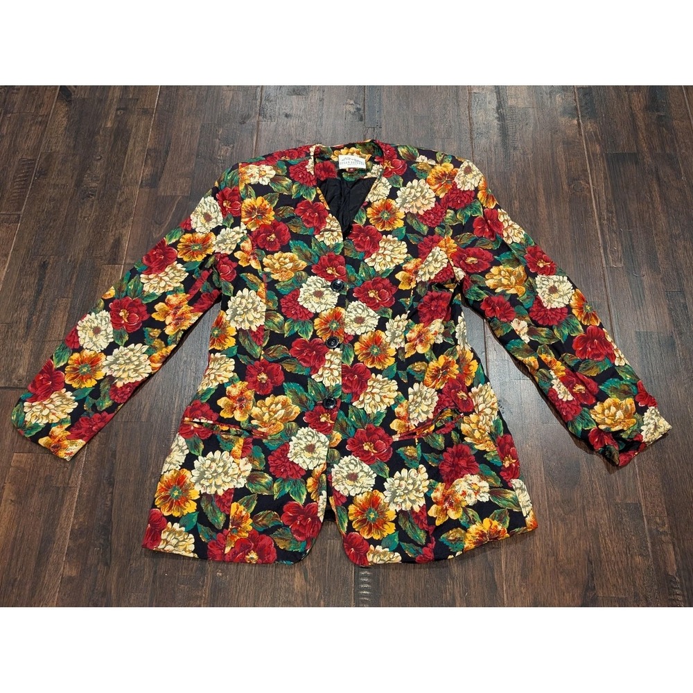 Vintage USA Susan Bristol AOP Floral Blazer Womens 10 Lined 90s Bold Red Coat